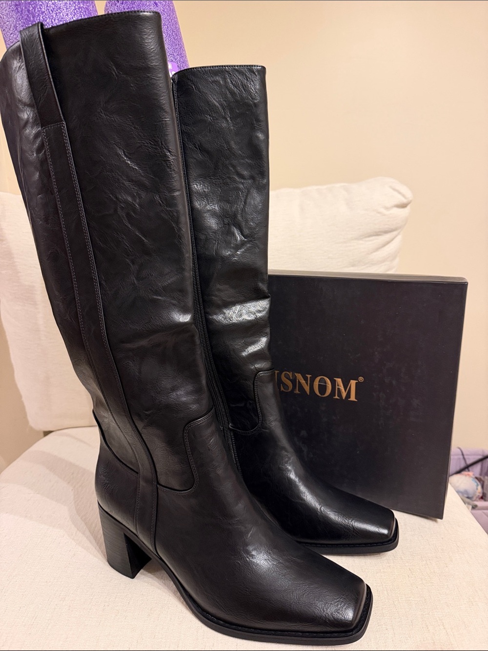 ISNOM Black Knee-High Heeled Vegan Leather Boots